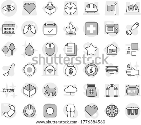 Editable thin line isolated vector icon set - box, calendar, info, medical cross vector, eye, lungs, project, building helmet, arch, terms, dog, home, on off button, grill oven, croissant, trees