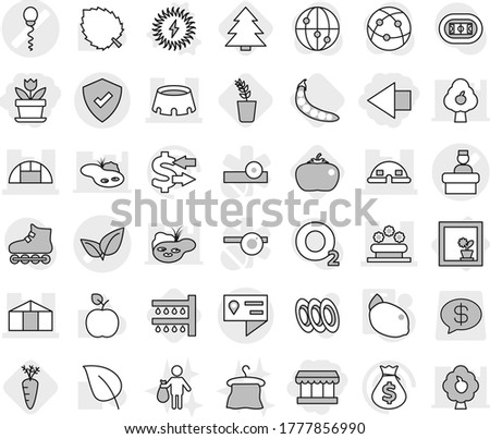 Editable thin line isolated vector icon set - market, left arrow, flower, sperm vector, leafs, hospital recieption, dome house, greenhouse, bed, stadium, location details, protected, in window, peas