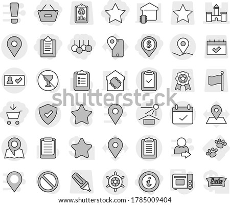 Editable thin line isolated vector icon set - add to cart, clipboard, remove from basket, dollar pin, sale, star, info, castle, geo, terms, check, sun potection, protected, in, map, handwheel, pets