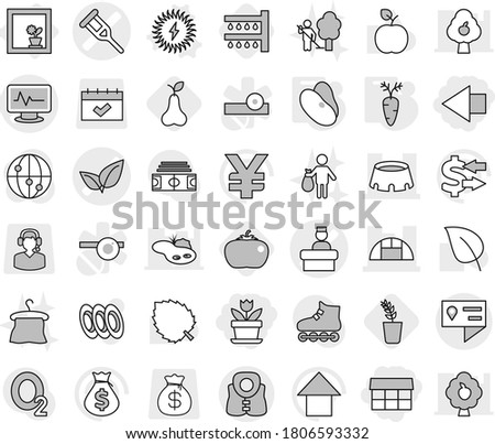 Editable thin line isolated vector icon set - market, left arrow, flower, crutch vector, monitor pulse, leafs, hospital recieption, greenhouse, stadium, location details, life vest, in window, beans