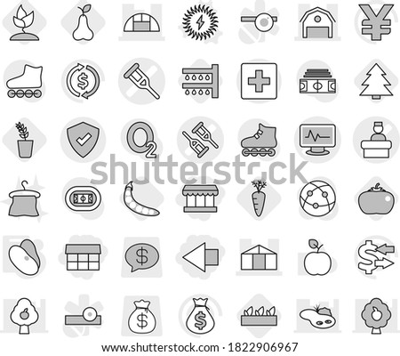 Editable thin line isolated vector icon set - market, left arrow, crutch vector, monitor pulse, hospital recieption, barn, greenhouse, protected, first aid, solar power, beans, watering, seedling