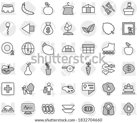 Editable thin line isolated vector icon set - market, left arrow, crutch vector, monitor pulse, sperm, leafs, hospital recieption, dome house, greenhouse, flower bed, stadium, location details, pear