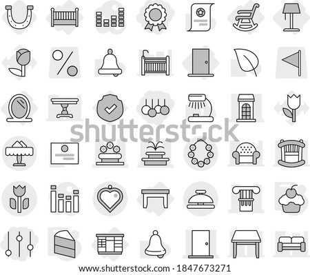 Editable thin line isolated vector icon set - sale, equalizer, medal, column, building, door, fountain, flower bed, perishable, hawaiian wreath, restaurant, heart pendant, service bell, mirror, crib