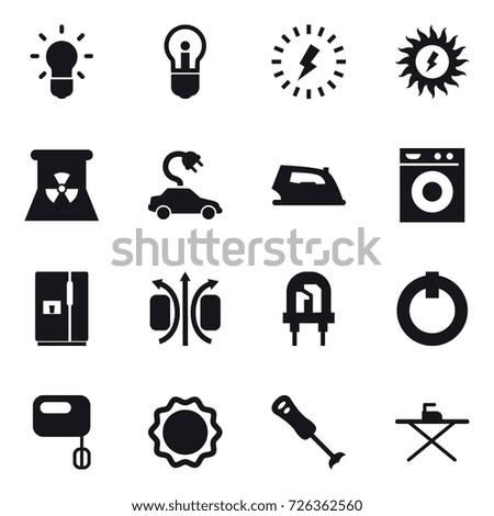 16 vector icon set : bulb, lightning, sun power, nuclear power, electric car, iron, washing machine, fridge, iron board