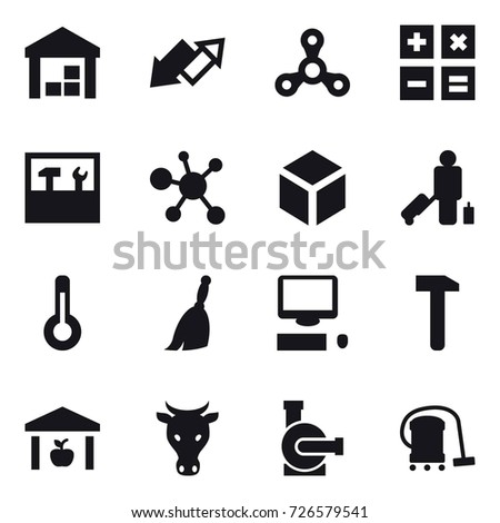 16 vector icon set : warehouse, up down arrow, spinner, calculator, tools, 3d, passenger, thermometer, broom, cow, water pump, vacuum cleaner