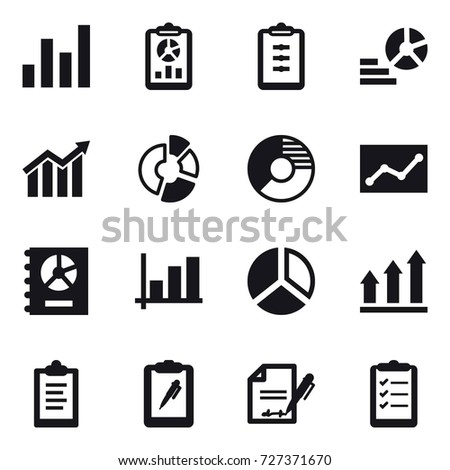 16 vector icon set : graph, report, clipboard, diagram, circle diagram, statistic, annual report, graph up, clipboard list