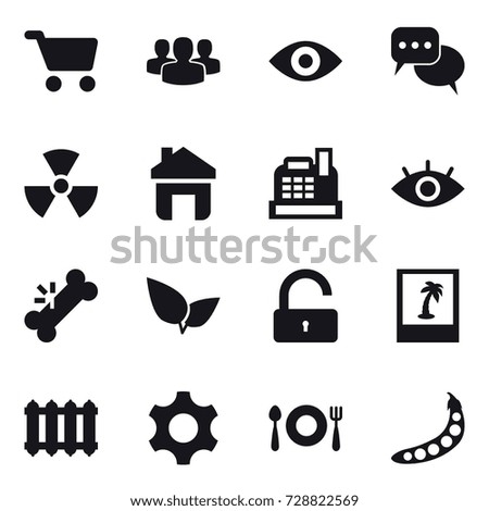 16 vector icon set : cart, group, eye, discussion, nuclear, home, cashbox, unlock, photo, radiator, peas