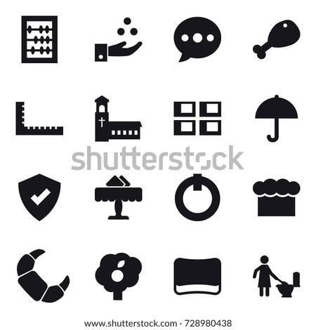 16 vector icon set : abacus, chamical industry, ballon, chicken leg, ruler, church, panel house, restaurant, chef  hat, garden, sponge, toilet cleaning