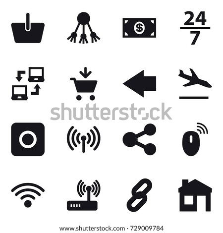 16 vector icon set : basket, share, money, 24/7, notebook connect, add to cart, left arrow, arrival, ring button, wireless, house