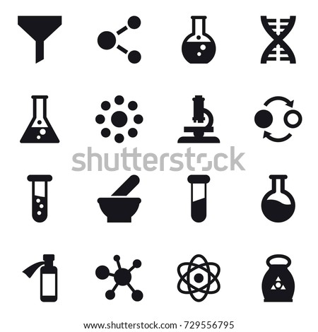 16 vector icon set : funnel, molecule, round flask, dna, flask, round around, microscope, quantum bond, vial, fertilizer