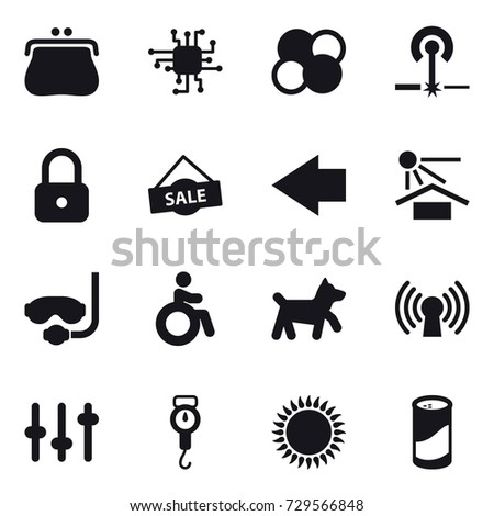 16 vector icon set : purse, chip, atom core, laser, lock, sale, left arrow, diving mask, invalid, dog, handle scales, cleanser powder