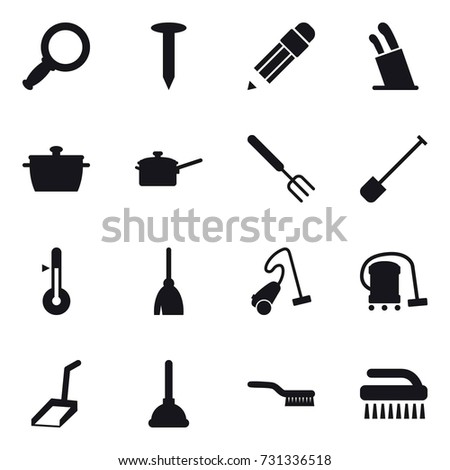 16 vector icon set : magnifier, nail, pencil, stands for knives, pan, saute pan, big fork, shovel, thermometer, broom, vacuum cleaner, scoop, plunger, brush