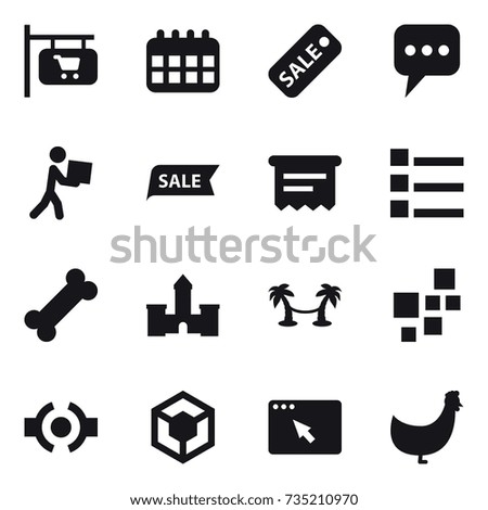 16 vector icon set : shop signboard, calendar, sale, message, courier, atm receipt, list, castle, palm hammock, chicken