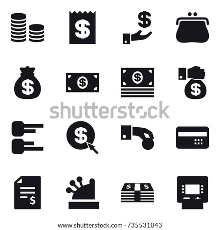 16 vector icon set : coin stack, receipt, investment, purse, money bag, money, money gift, diagram, dollar arrow, hand coin, credit card, account balance, cashbox, atm