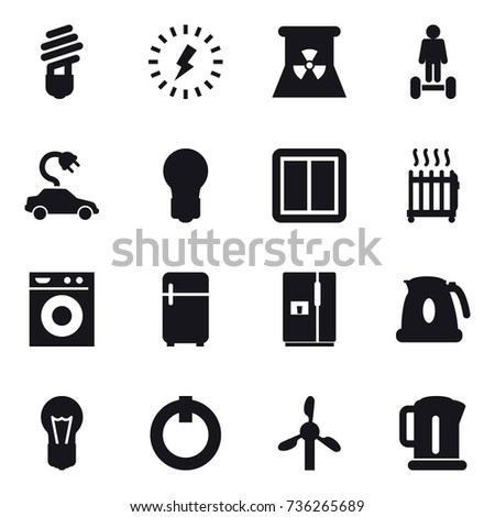 16 vector icon set : bulb, lightning, nuclear power, hoverboard, electric car, power switch, radiator, washing machine, fridge, kettle