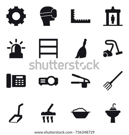 16 vector icon set : gear, virtual mask, ruler, detector, alarm, rack, broom, vacuum cleaner, garlic clasp, fork, scoop, foam basin, water tap sink