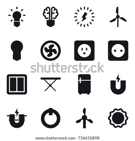 16 vector icon set : bulb, bulb brain, lightning, windmill, cooler fan, power socket, power switch, iron board, fridge