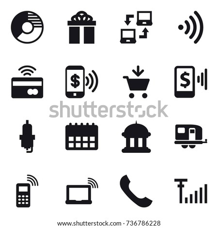 16 vector icon set : circle diagram, gift, notebook connect, wireless, tap to pay, phone pay, add to cart, mobile pay, spark plug, goverment house, trailer