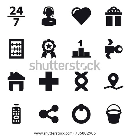 16 vector icon set : 24/7, call center, heart, gift, abacus, medal, pedestal, satellite, home, remote control, bucket