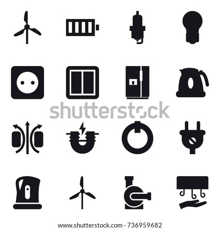 16 vector icon set : windmill, battery, spark plug, bulb, power socket, power switch, fridge, kettle, water pump, hand dryer