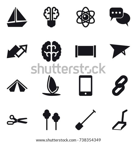 16 vector icon set : boat, bulb brain, atom, discussion, up down arrow, fence, deltaplane, tent, windsurfing, scissors, trees, shovel, scoop