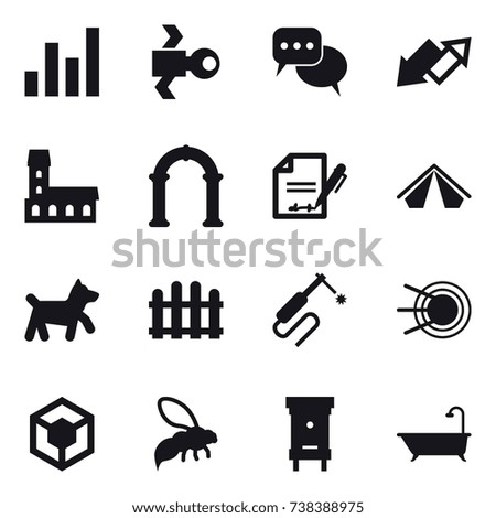 16 vector icon set : graph, satellite, discussion, up down arrow, mansion, arch, tent, dog, fence, wasp, hive, bath