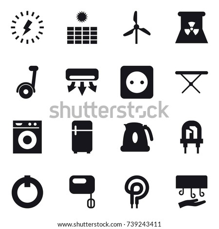 16 vector icon set : lightning, sun power, windmill, nuclear power, segway, air conditioning, power socket, iron board, washing machine, fridge, kettle, hand dryer
