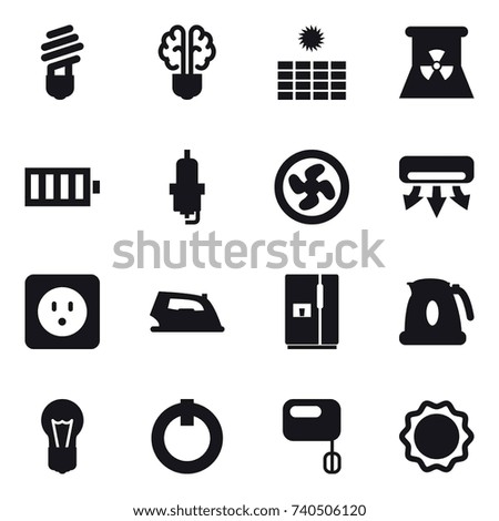 16 vector icon set : bulb, bulb brain, sun power, nuclear power, battery, spark plug, cooler fan, air conditioning, power socket, iron, fridge, kettle