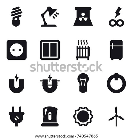16 vector icon set : bulb, table lamp, nuclear power, infinity power, power socket, power switch, radiator, fridge, kettle, windmill