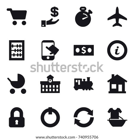 16 vector icon set : cart, investment, stopwatch, plane, abacus, touch, money, info, baby stroller, university, train, home, locked, reload, handle washing