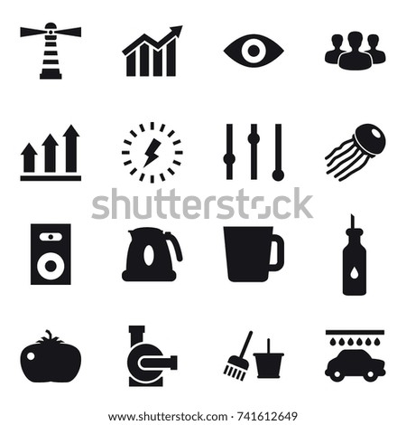 16 vector icon set : lighthouse, diagram, eye, group, graph up, lightning, equalizer, jellyfish, speaker, kettle, cup, tomato, water pump, bucket and broom, car wash