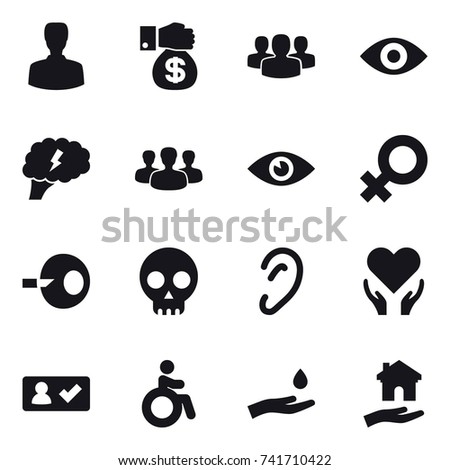 16 vector icon set : man, money gift, group, eye, brain, check in, invalid, hand and drop, housing