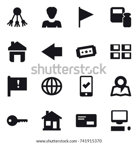 16 vector icon set : share, woman, flag, scales weight, home, left arrow, ticket, panel house, globe, mobile checking, map, key