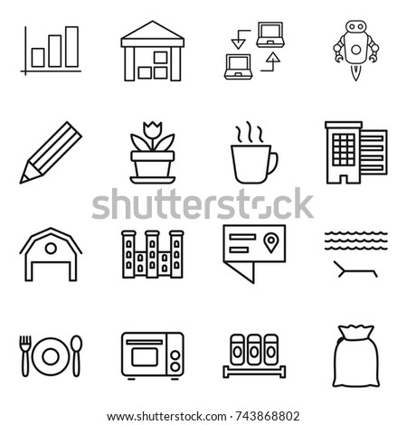 thin line icon set : graph, warehouse, notebook connect, jet robot, pencil, flower, hot drink, houses, barn, palace, location details, lounger, cafe, grill oven, spices, flour