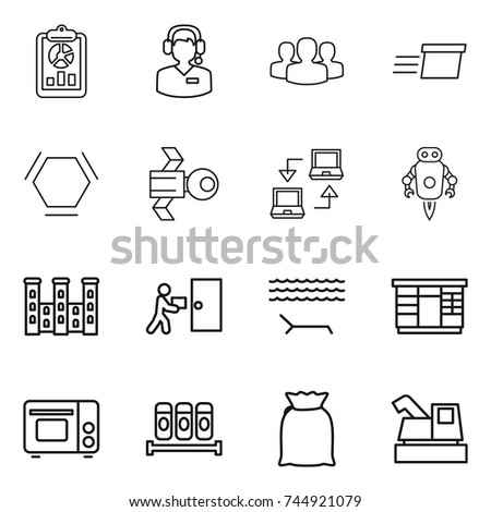 thin line icon set : report, call center, group, delivery, hex molecule, satellite, notebook connect, jet robot, palace, courier, lounger, wardrobe, grill oven, spices, flour, harvester