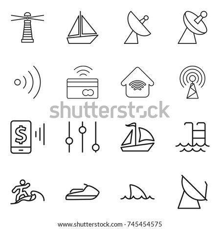 thin line icon set : lighthouse, boat, satellite antenna, wireless, tap to pay, home, mobile, equalizer, sail, pool, surfer, jet ski, shark flipper