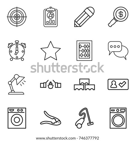 thin line icon set : target, report, pencil, dollar magnifier, alarm clock, star, abacus, discussion, table lamp, drawbridge, block wall, check in, washing machine, walnut crack, vacuum cleaner