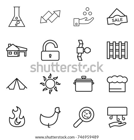 thin line icon set : flask, up down arrow, chemical industry, sale, house with garage, unlock, satellite, pallet, tent, sun, pan, chief hat, fire, chicken, viruses, hand dryer