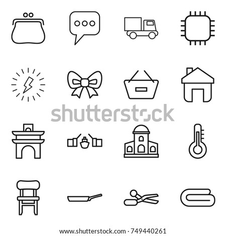 thin line icon set : purse, message, truck, chip, lightning, bow, remove from basket, home, arch, drawbridge, mansion, thermometer, chair, pan, scissors, towel