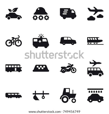 16 vector icon set : eco car, lunar rover, delivery, journey, bike, train, bus, taxi, motorcycle, transfer, plow, tractor, car wash