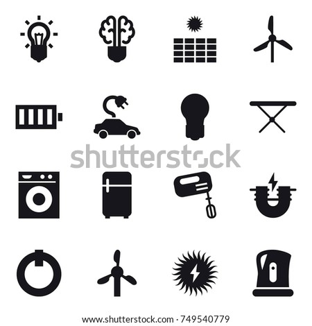 16 vector icon set : bulb, bulb brain, sun power, windmill, battery, electric car, iron board, washing machine, fridge, mixer, kettle