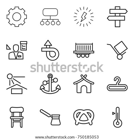 thin line icon set : gear, structure, lightning, singlepost, architector, trip, truck shipping, trolley, sun potection, anchor, bungalow, hanger, chair, turk, pretzel, thermometer