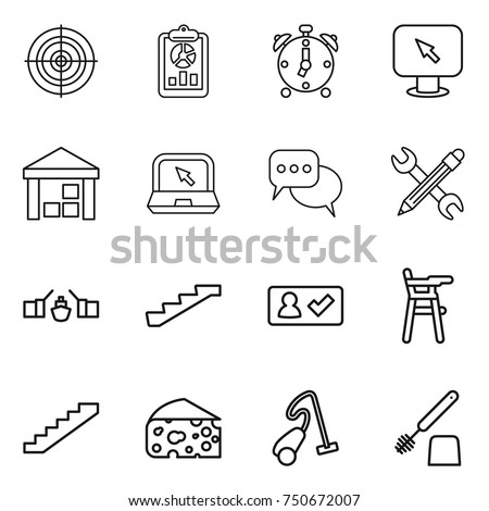 thin line icon set : target, report, alarm clock, monitor arrow, warehouse, notebook, discussion, pencil wrench, drawbridge, stairs, check in, Chair for babies, cheese, vacuum cleaner, toilet brush