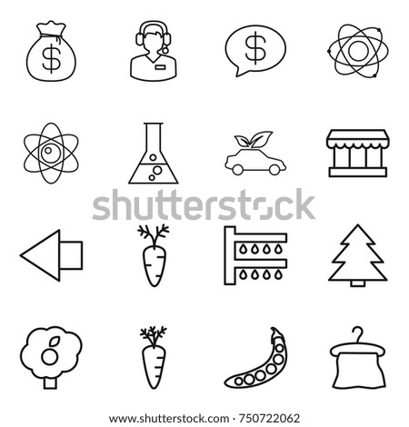 thin line icon set : money bag, call center, message, atom, flask, eco car, market, left arrow, carrot, watering, spruce, garden, peas, hanger