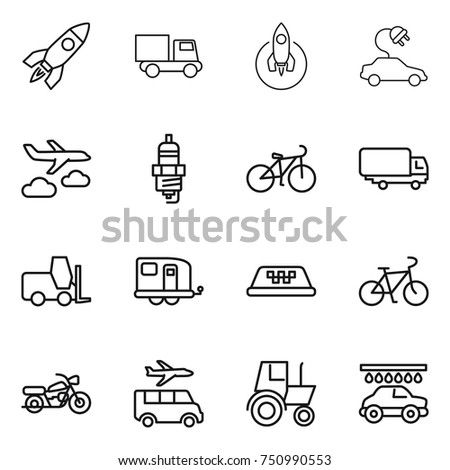 thin line icon set : rocket, truck, electric car, journey, spark plug, bike, shipping, fork loader, trailer, taxi, motorcycle, transfer, tractor, wash