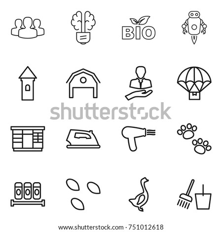 thin line icon set : group, bulb brain, bio, jet robot, tower, barn, client, parachute delivery, wardrobe, iron, hair dryer, pets, spices, seeds, goose, bucket and broom