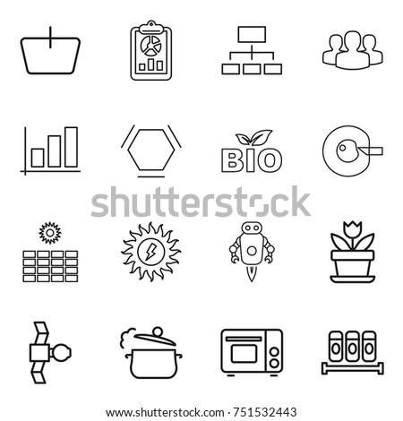 thin line icon set : basket, report, hierarchy, group, graph, hex molecule, bio, cell corection, sun power, jet robot, flower, satellite, steam pan, grill oven, spices