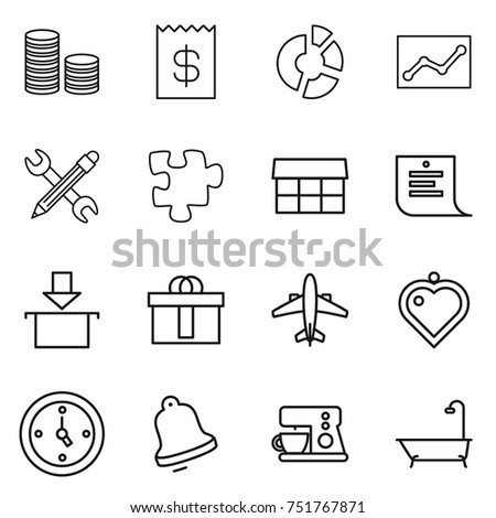 thin line icon set : coin stack, receipt, circle diagram, statistics, pencil wrench, puzzle, market, shopping list, package, hi quality, airplane, heart pendant, watch, bell, coffee maker, bath