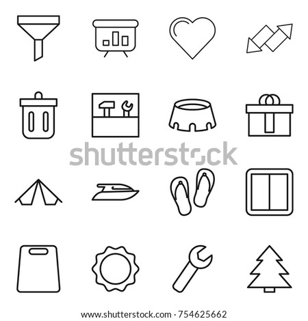 thin line icon set : funnel, presentation, heart, up down arrow, bin, tools, stadium, hi quality package, tent, yacht, flip flops, power switch, cutting board, induction oven, wrench, spruce