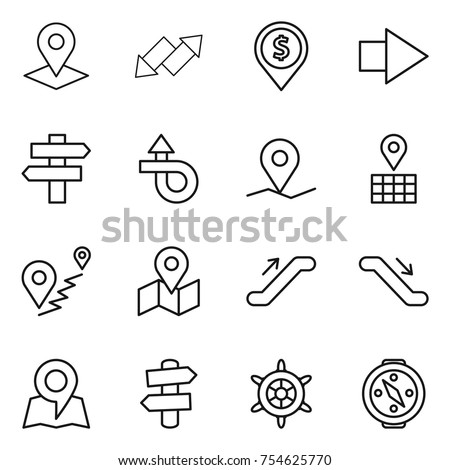 thin line icon set : pointer, up down arrow, dollar pin, right, singlepost, trip, geo, map, route, escalator, signpost, handwheel, compass